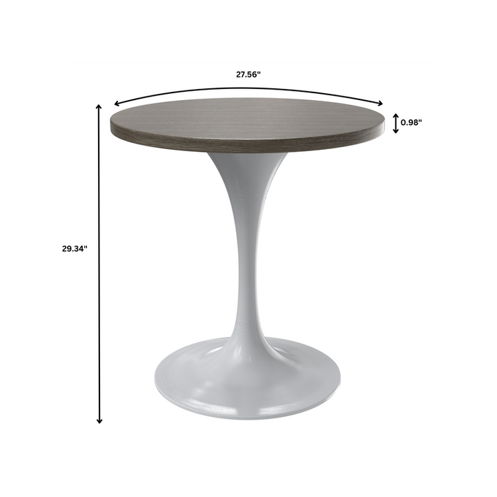 LeisureMod Verve Collection 27 Round Dining Table, White Base with Dark Maple MDF Top Dimensions.