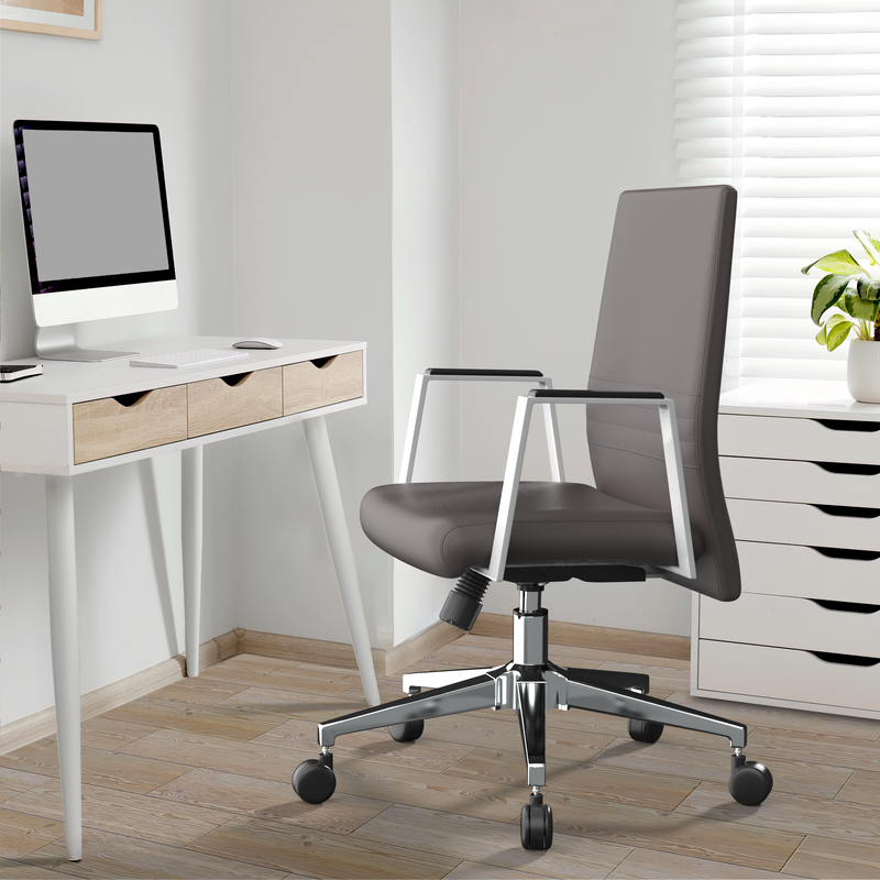 LeisureMod Aleen Office Chair in Upholstered Leather and Iron Frame with Swivel and Tilt in Grey in Office.