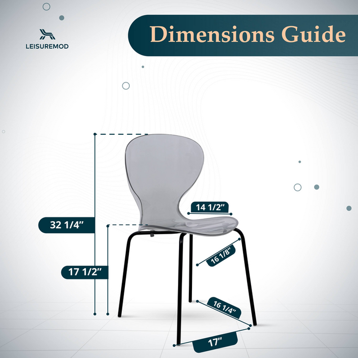 Chair dimensions guide with LeisureMod logo on a white background.