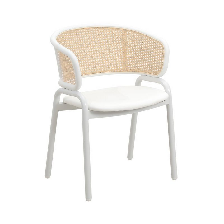 Leisuremod Ervilla Modern Dining Chair with White Powder Coated Steel Legs and Wicker Back White Front Angle.
