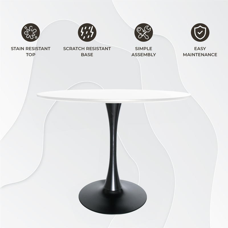 LeisureMod Bristol, 40" Round Dining Table in Black Base with White Top Information.