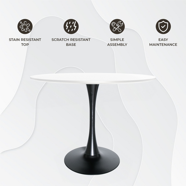 LeisureMod Bristol, 40" Round Dining Table in Black Base with White Top Information.
