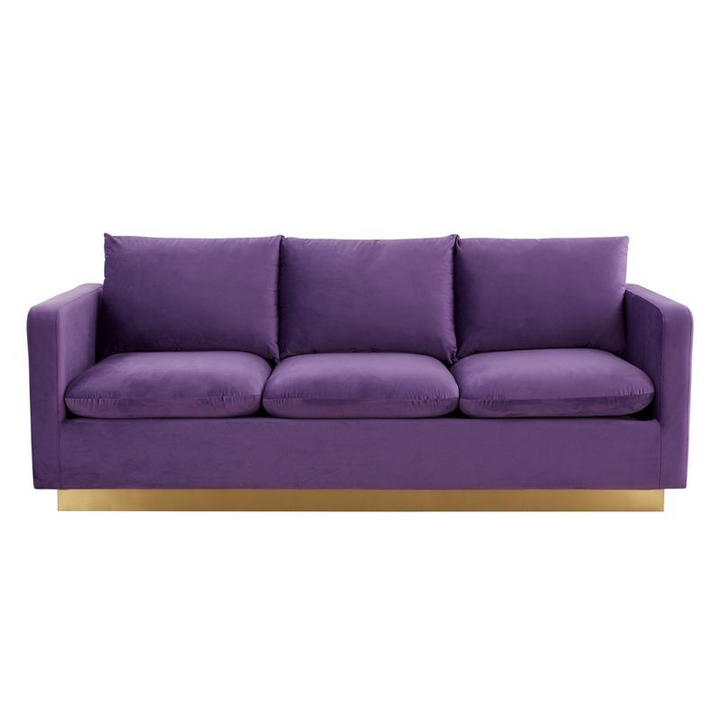 LeisureMod Nervo Modern Mid-Century Upholstered Velvet Sofa with Gold Frame Purple Front View.