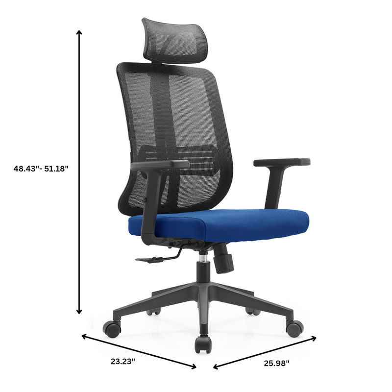 Blue office chair with measurements on a white background.