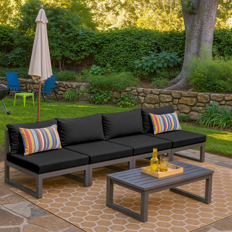LeisureMod Chelsea 4-Piece Middle Patio Chairs Black Aluminum with Cushions Black