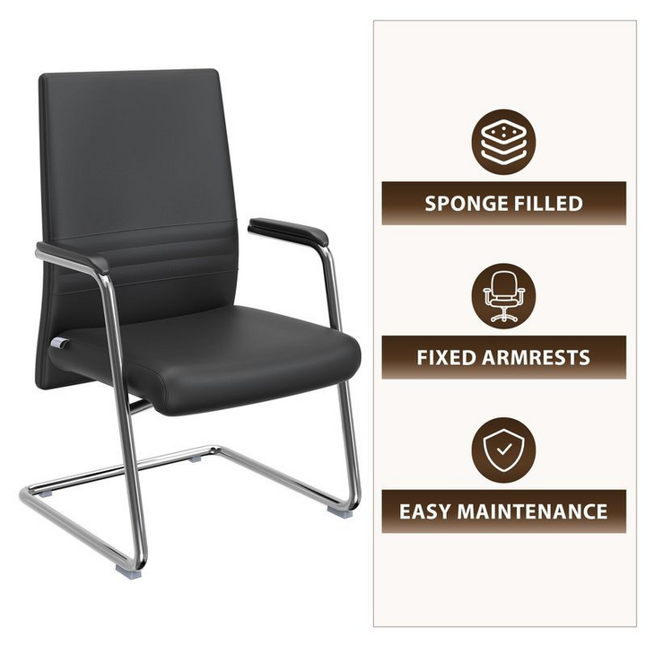 Black office chair with features listed on a white background.