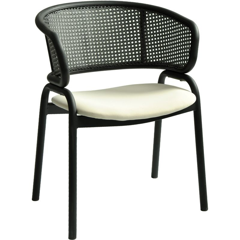 LeisureMod Ervilla Dining Armchair in Black Steel Frame with Black Wicker Back and Beige Seat