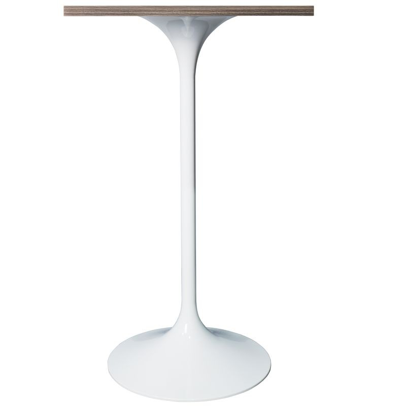 LeisureMod Verve Collection 24 Square Top Bar Height Table, White Base with Dark Maple MDF Top Side View.