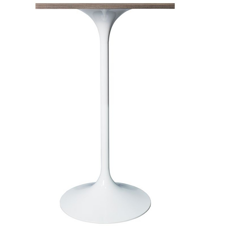 LeisureMod Verve Collection 24 Square Top Bar Height Table, White Base with Dark Maple MDF Top Side View.