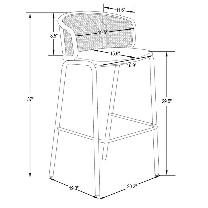 Technical drawing of a bar stool with dimensions labeled.