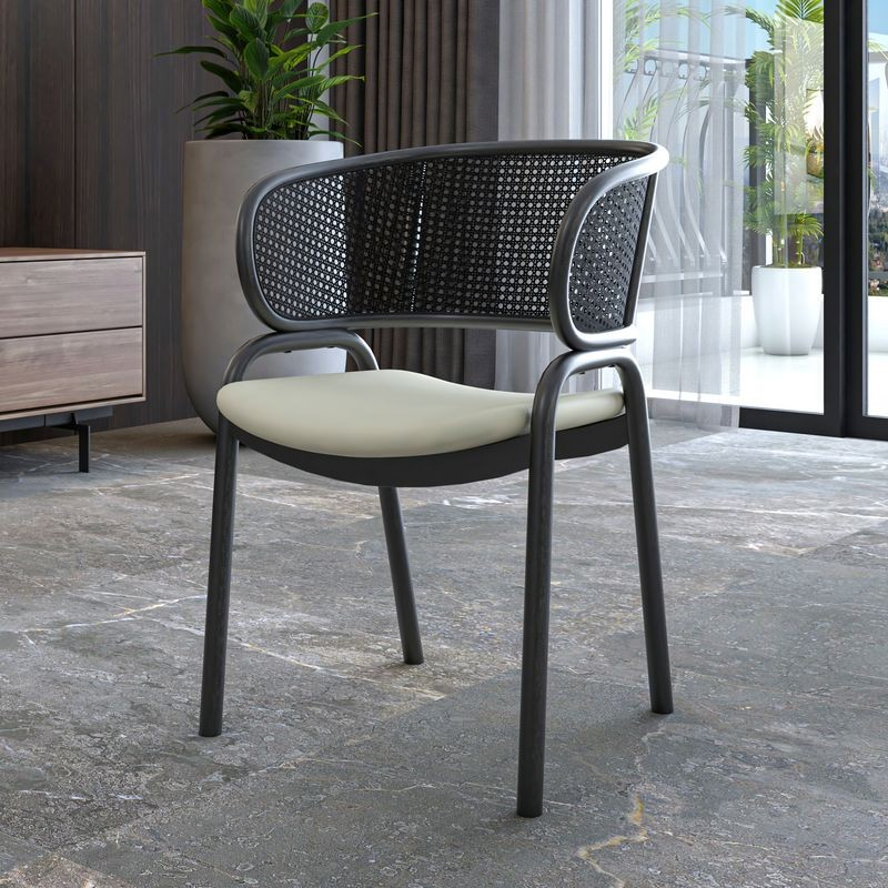 LeisureMod Ervilla Dining Armchair in Black Steel Frame with Black Wicker Back and Beige Seat with Background.