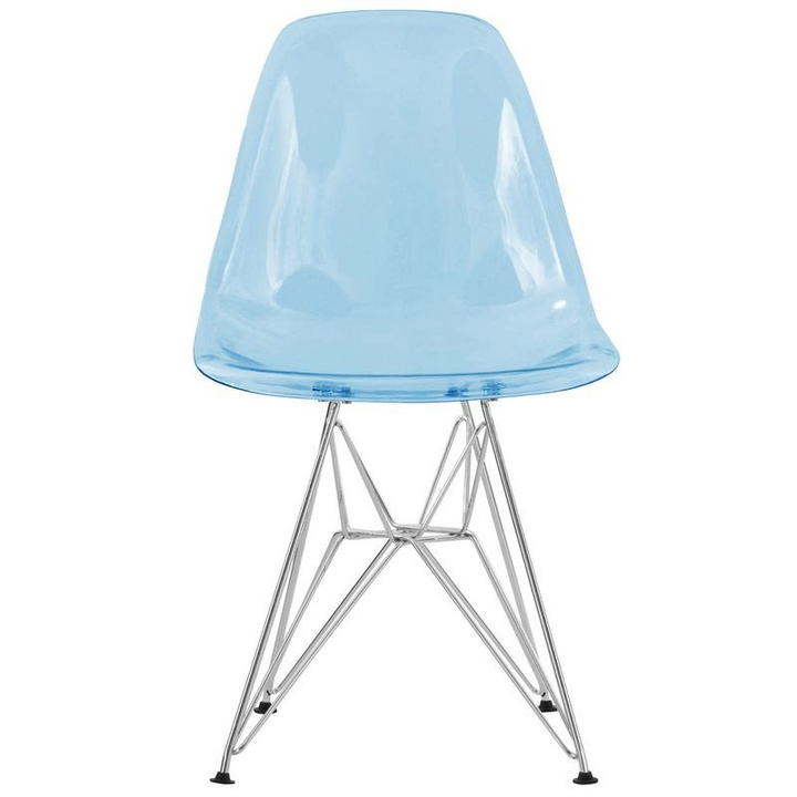 LeisureMod Cresco Molded Eiffel Side Chair Transparent Blue Front View.