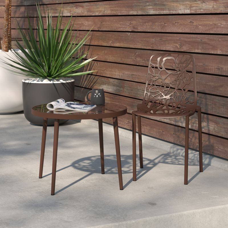 LeisureMod Modern Devon Aluminum Chair Brown at Table.