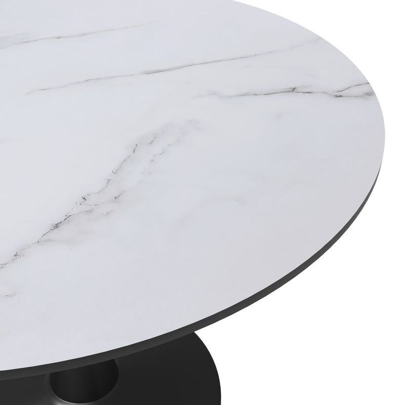 Leisuremod Bristol 40" round Dining Table Black Base with Marbled MDF Top White Closeup.