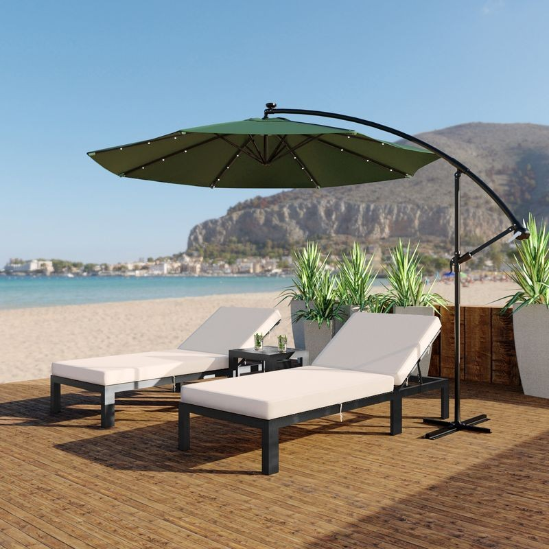 LeisureMod Willry Modern Outdoor 10 Ft Offset Cantilever Hanging Patio Umbrella with Solar Powered LED Green Outside.