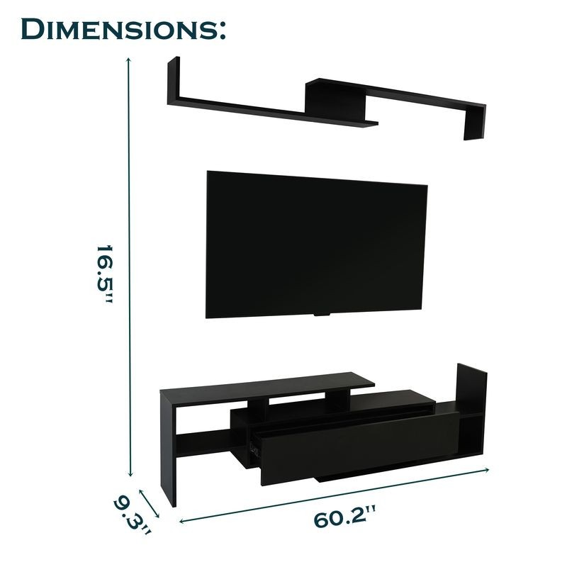 LeisureMod Surrey Modern TV Stand with MDF Shelves and Bookcase in Ebony Dimensions.