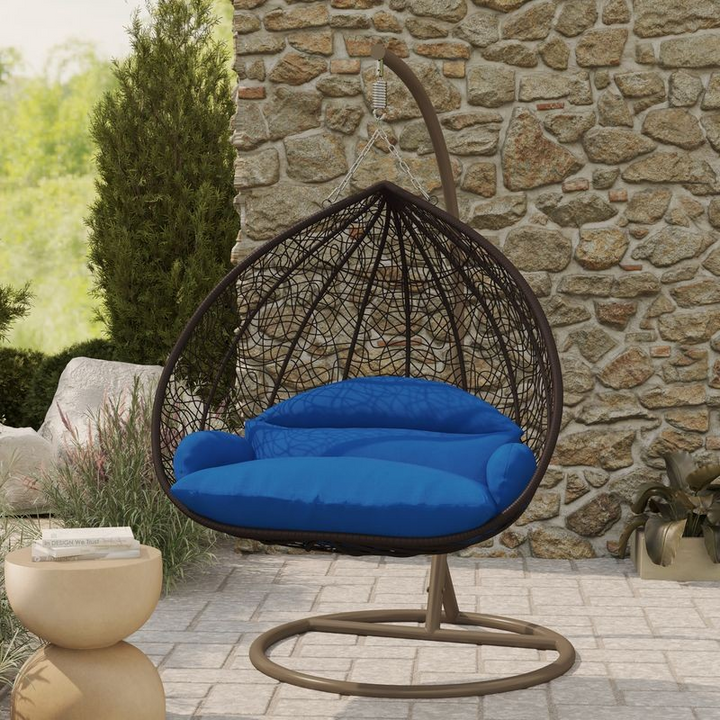 Leisuremod Recluse Collection Modern Outdoor Swing Chair Brown Frame with ES57 Blue Cushion Photo.
