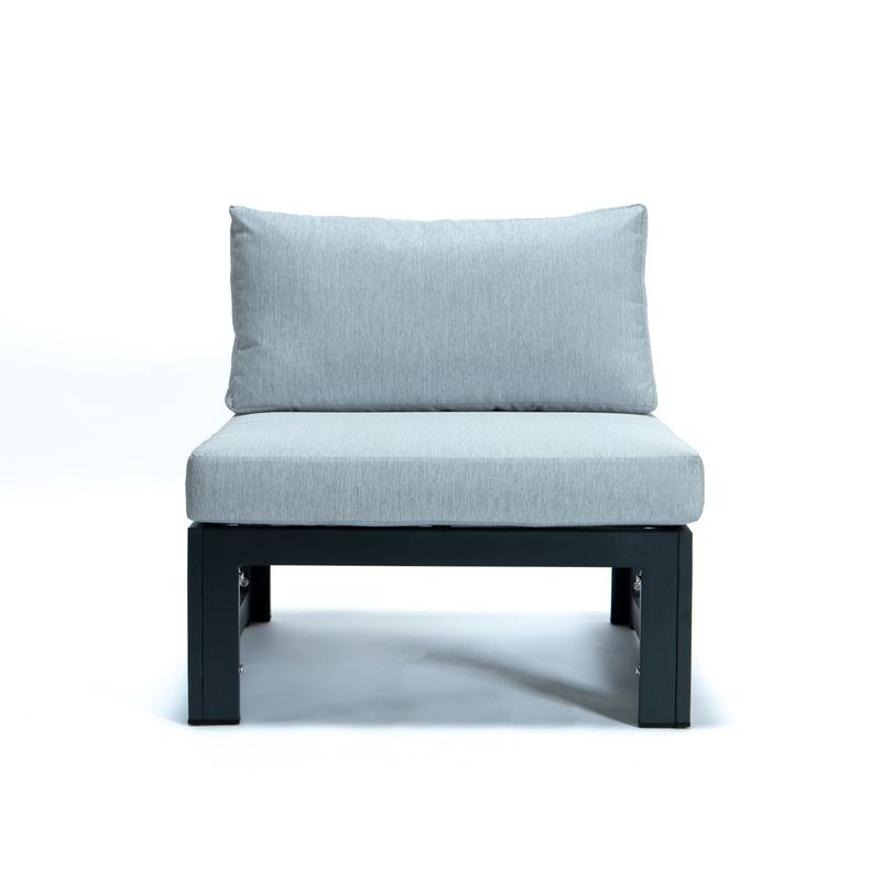 LeisureMod Chelsea 5-Piece Middle Patio Chairs and Coffee Table Set Black Aluminum with Cushions Light Grey Front of Chair.