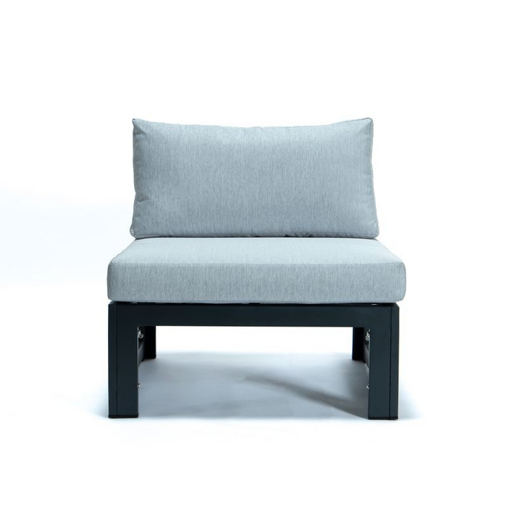 LeisureMod Chelsea 5-Piece Middle Patio Chairs and Coffee Table Set Black Aluminum with Cushions Light Grey Front of Chair.