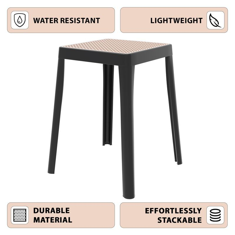 LeisureMod Tresse Series Stackable Poly Stool with Wicker Top in Black Description.