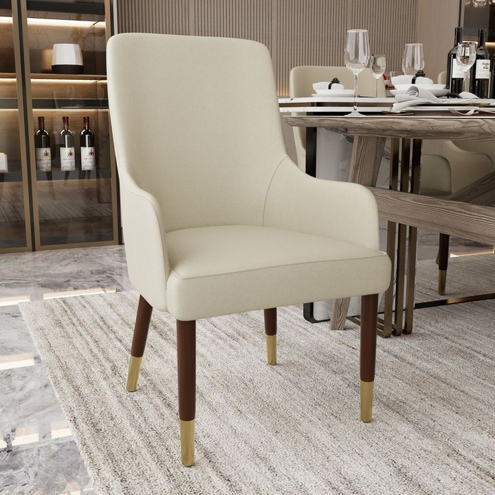 Leisuremod Viva Collection Modern Wooden Dining Armchair in Taupe with Background.