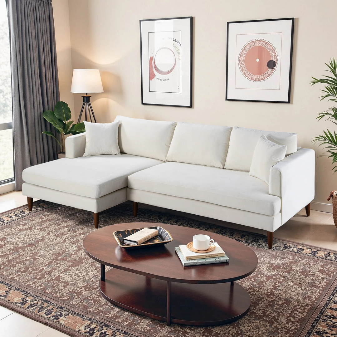 Blake L-Shaped Cream Velvet Sectional Sofa Left Facing Photo.
