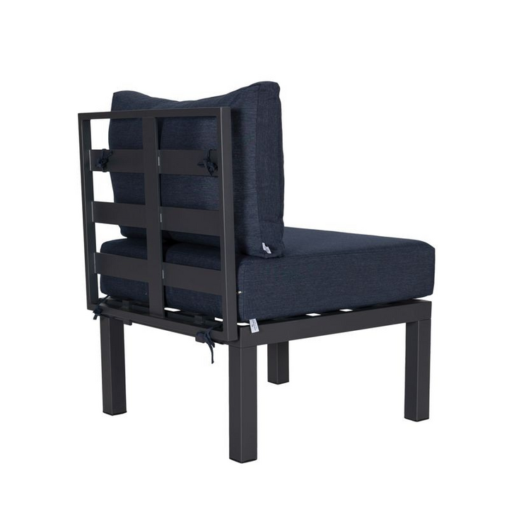 LeisureMod Chelsea 7-Piece Patio Sectional and Coffee Table Set Black Aluminum with Cushions Blue Back Chair View.