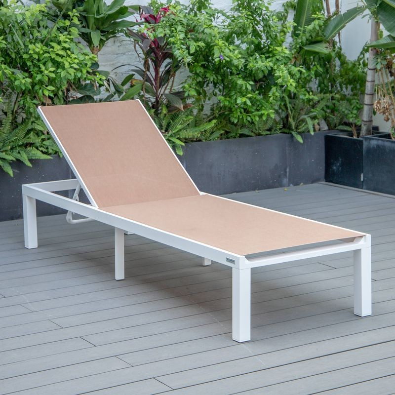 LeisureMod Marlin Modern Aluminum Outdoor Patio Chaise Lounge Chair Set of 2 with Square Fire Pit Side Table Perfect for Patio, Lawn, and Garden Light Brown Chair.