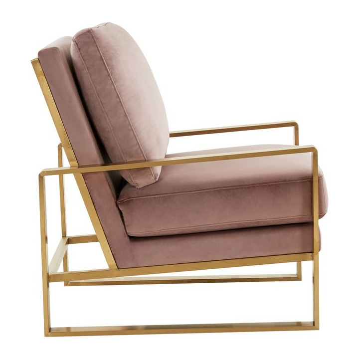 LeisureMod Jefferson Velvet Design Accent Armchair with Gold Brass Finish Frame Pink Side View