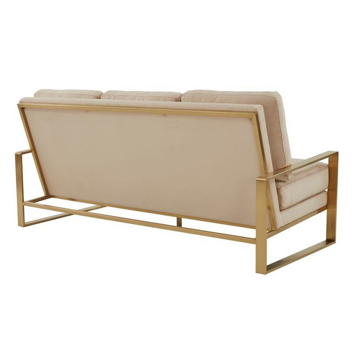 LeisureMod Jefferson Contemporary Modern Design Velvet Sofa with Gold Frame Beige Back View.