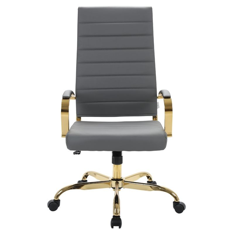 LeisureMod Benmar High-Back Leather Office Chair with Gold Frame Grey Front View.