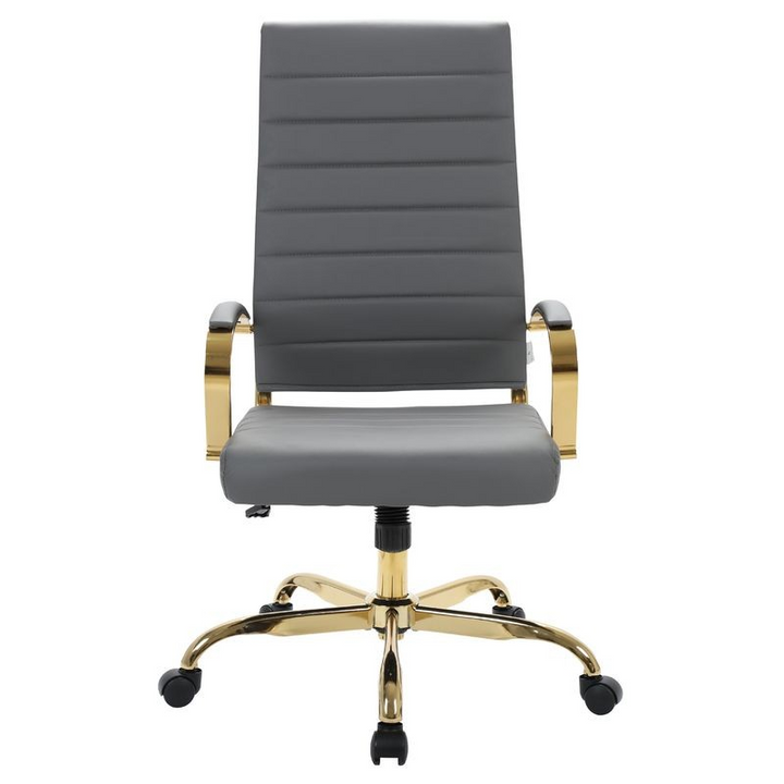 LeisureMod Benmar High-Back Leather Office Chair with Gold Frame Grey Front View.