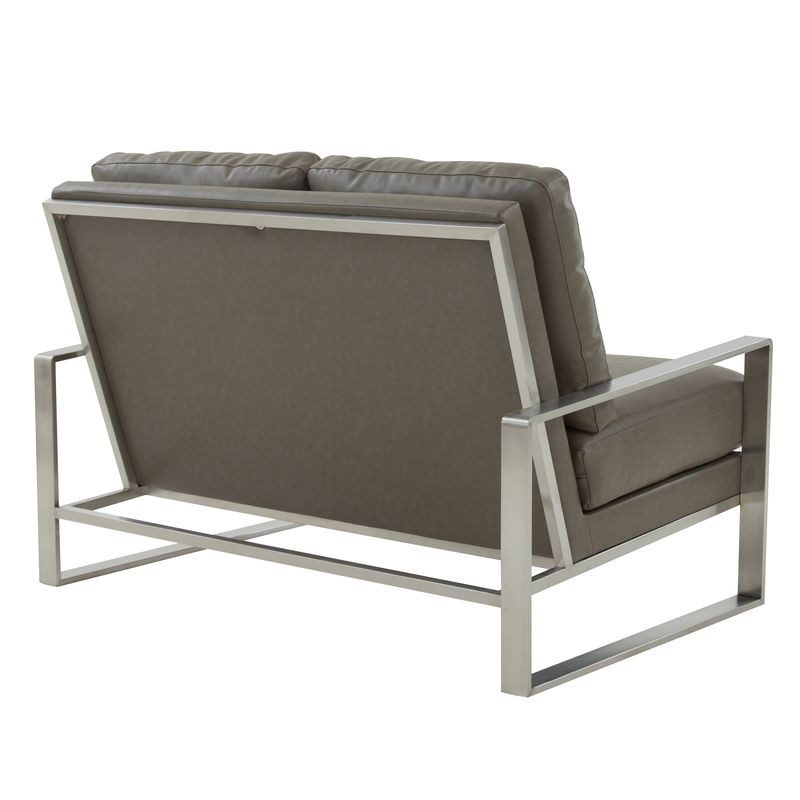 Leisuremod Jefferson Contemporary Modern Faux Leather Loveseat with Silver Frame Grey Back View.