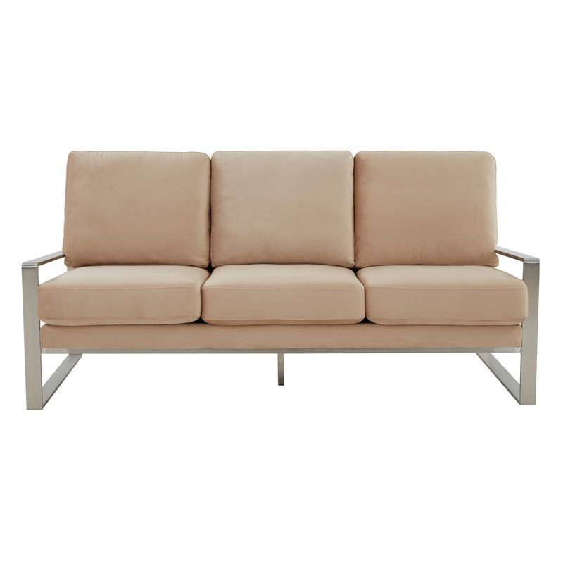 LeisureMod Jefferson Contemporary Modern Design Velvet Sofa with Silver Frame Beige Photo.