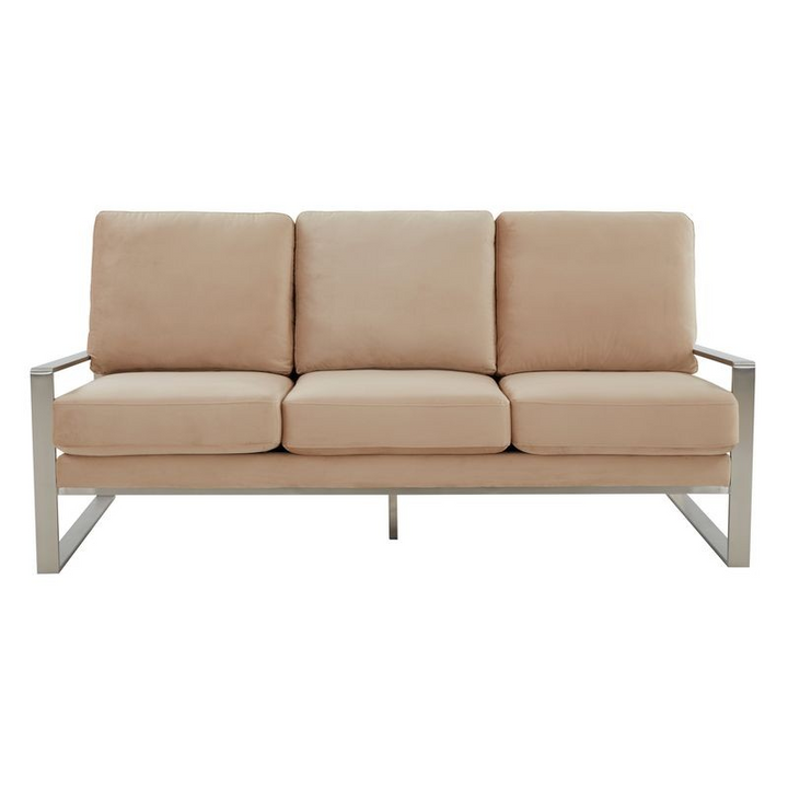 LeisureMod Jefferson Contemporary Modern Design Velvet Sofa with Silver Frame Beige Photo.