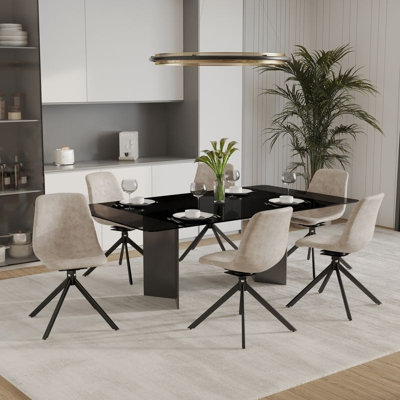 LeisureMod Markley Modern Leather Swivel Dining Chair with Metal Legs in Taupe at Table.