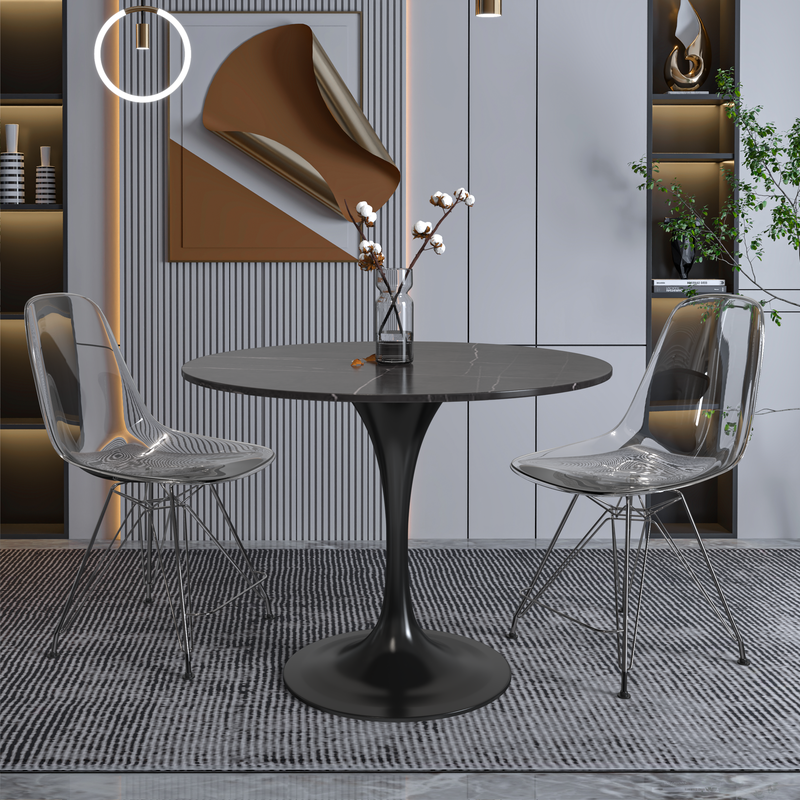 LeisureMod Verve Collection 36 Round Dining Table, Black Base with Sintered Stone Black Top in Room.
