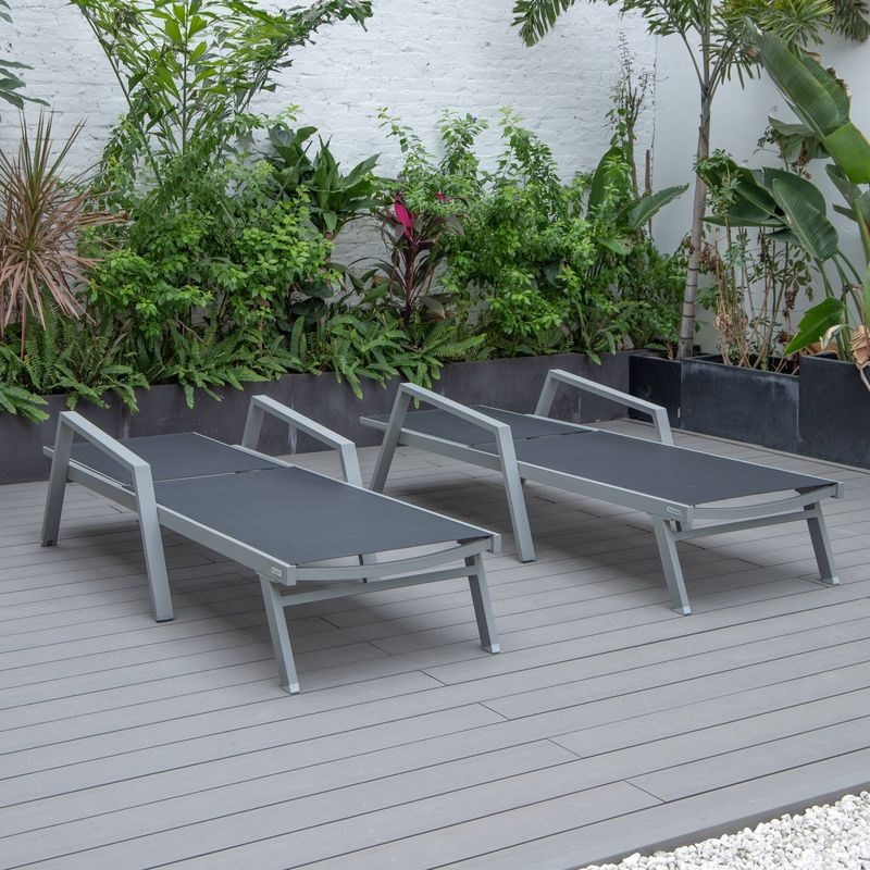 LeisureMod Marlin Patio Chaise Lounge Chair with Armrests in Grey Aluminum Frame, Set of 2 in Black Flat View.