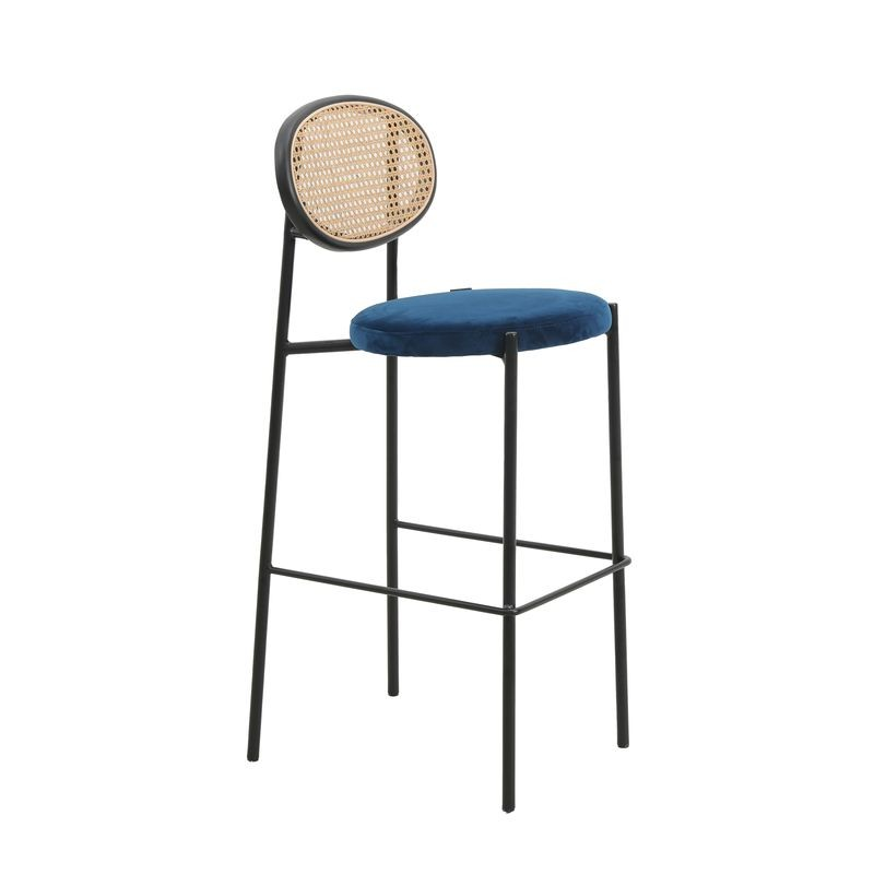 LeisureMod Euston Modern Wicker Bar Stool with Black Steel Frame in Navy Blue