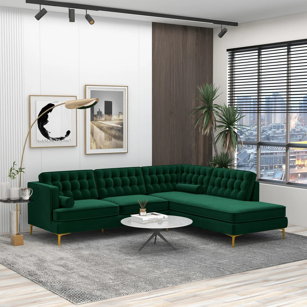 Brooke Green Sectional Sofa Right Facing with Background.