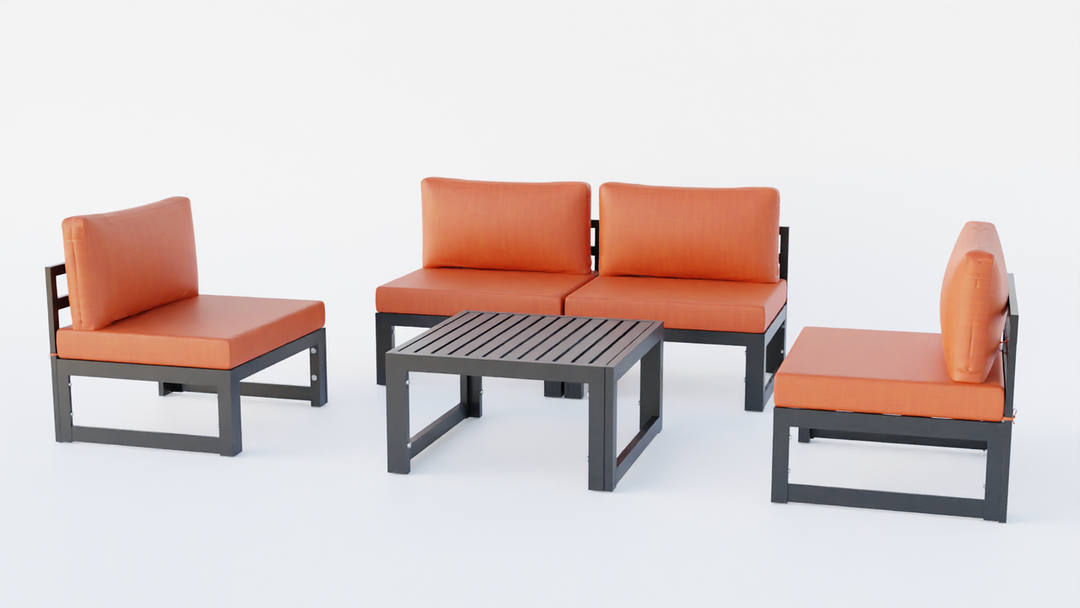 LeisureMod Chelsea 5-Piece Middle Patio Chairs and Coffee Table Set Black Aluminum with Cushions Orange Photo.
