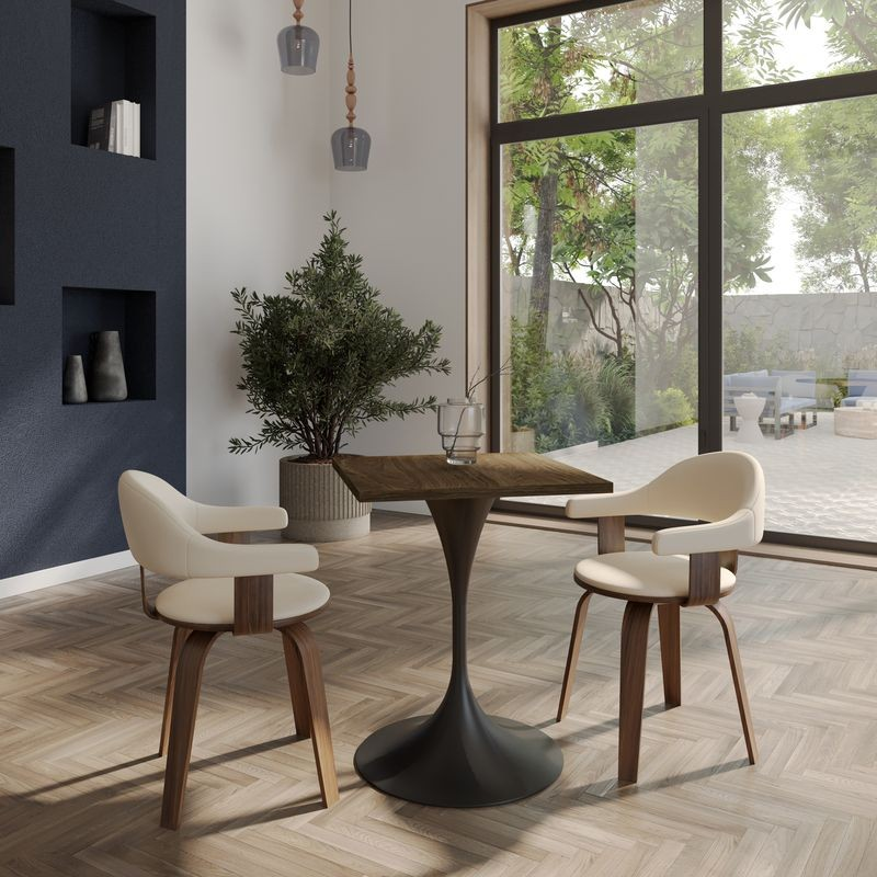 LeisureMod Verve Collection 24 Square Dining Table, Black Base with Dark Maple MDF Top in Room.
