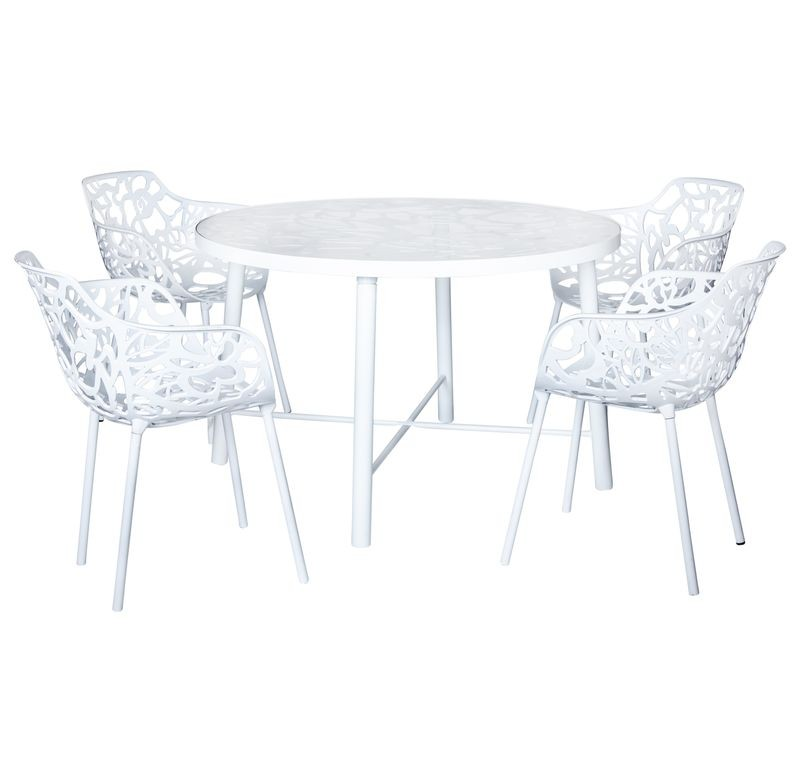 LeisureMod Devon Tree Design Glass Top Aluminum Base Indoor Outdoor Dining Table White with Chairs.