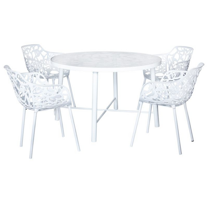 LeisureMod Devon Tree Design Glass Top Aluminum Base Indoor Outdoor Dining Table White with Chairs.