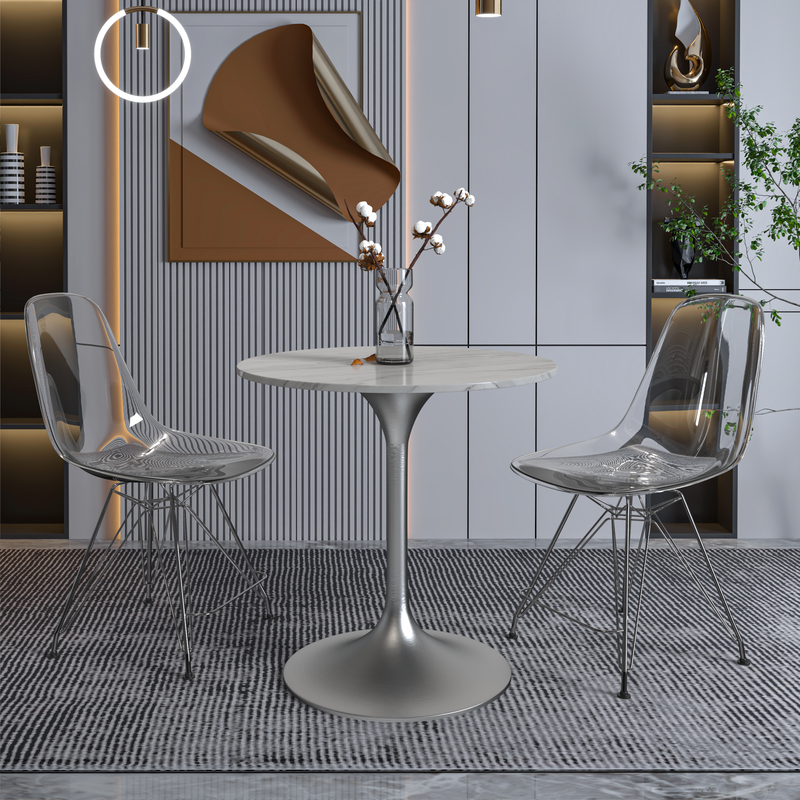 LeisureMod Verve Collection 27 Round Dining Table, Brushed Chrome Base with Sintered Stone White Top in Room.