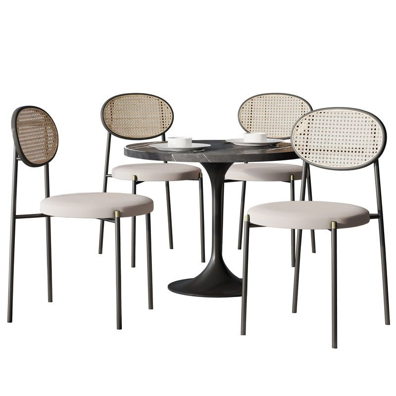 LeisureMod 5-Piece Dining Set with 36" Round Dining Table Black Sintered Stone Top and Black Pedestal with 4 Velvet Dining Chairs in Black Steel Legs in Beige