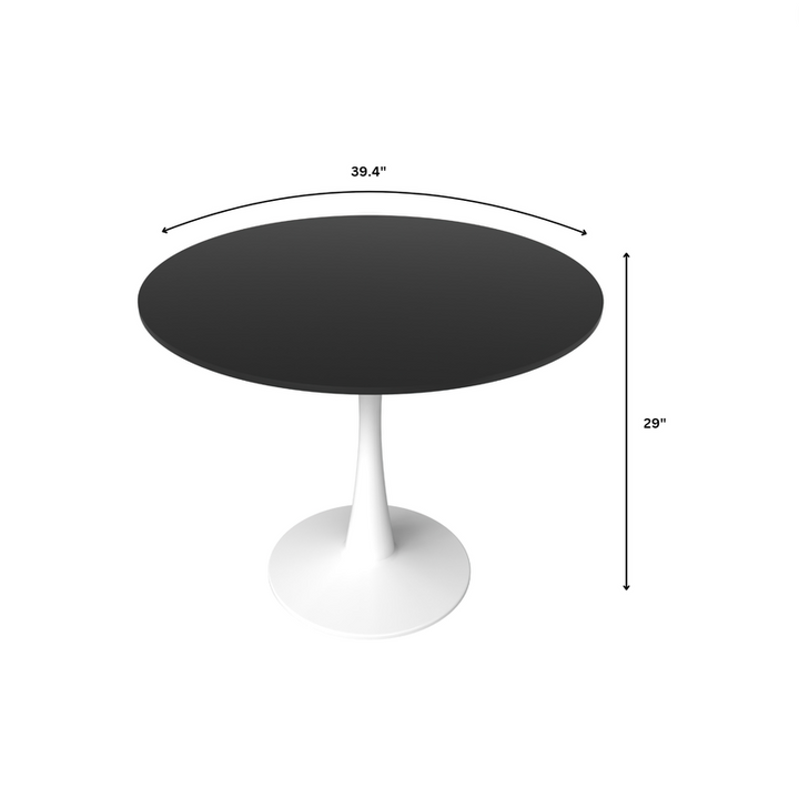 LeisureMod Bristol, 40" Round Dining Table in White Base with Blacktop Dimensions.