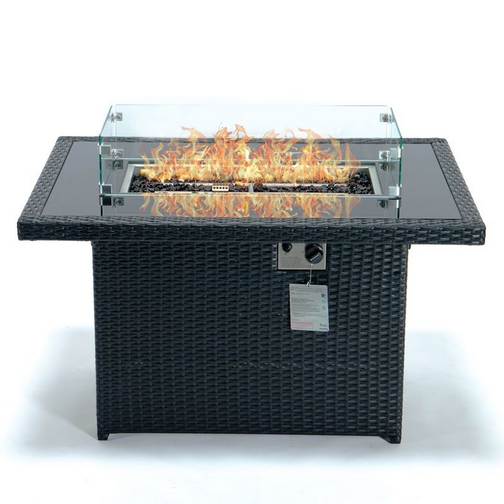 LeisureMod Mace Wicker Patio Modern Propane Fire Pit Table Black