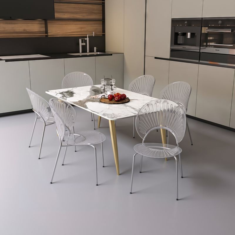 LeisureMod Opulent Series Modern Clear Dining Chair at Table.
