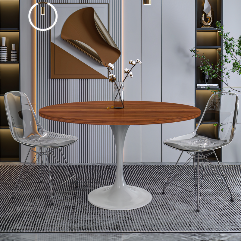 LeisureMod Verve Collection 48 Round Dining Table, White Base with Cognac Brown MDF Top with Chairs.